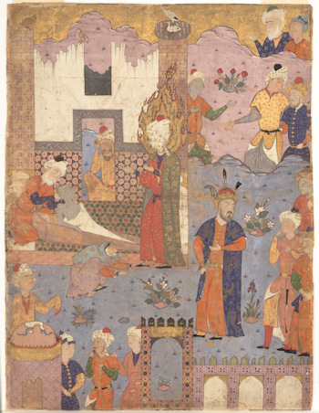 'Muhammad Revives the Sick Boy', folio from a Falnama (Book of Omens) of Ja'far al-Sadiq, 1550s. Image credit: The MET, Creative Commons